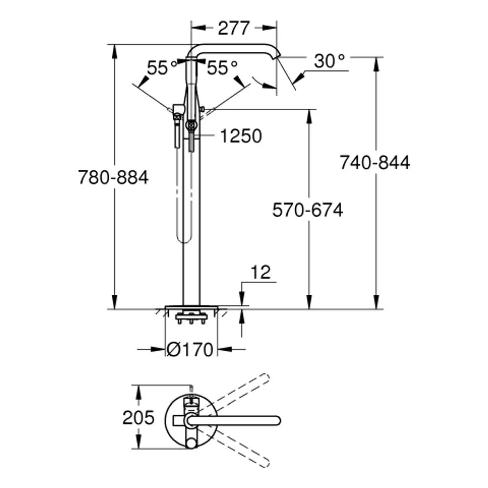 GROHE Armatur für Wannenbatterie, Bodenmontage, in hartem Graphit, mit verschiedenen Höhen- und Abstandsmessungen, dargestellt in einem technischen Zeichnungsformat.