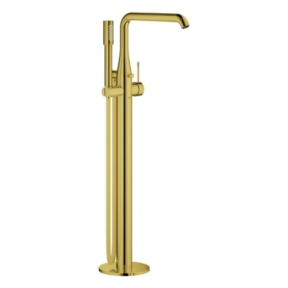 Grohe-Bodenmontage-Wannenbatterie in goldfarbener Ausführung mit einem langen Auslauf und vorstehendem Handbrauseanschluss.