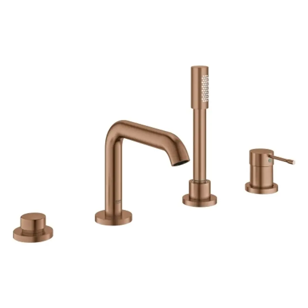 GROHE-Wannenkombination in warmer, gebürsteter Oberfläche. Besteht aus vier Teilen: Wasserhahn, Handbrause, Bedienungseinheit und Abflussgarnitur.