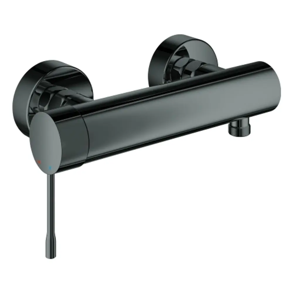 Schwarze Wandmontage-Brausebatterie von Grohe mit zwei runden Wandplatten, einem langen Hebel und Temperaturanzeige in Rot und Blau.