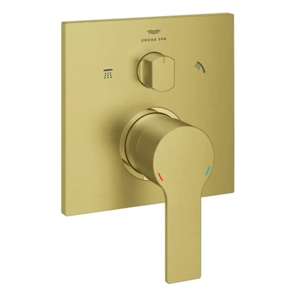GROHE Einhandbatterie mit einer quadratischen Montageplatte in Goldfarbe und einem integrierten Temperaturregler sowie einem Hebel zur Steuerung des Wasserflusses.