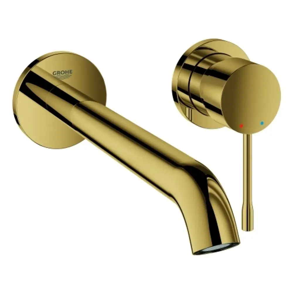 Wandbatterie von Grohe mit zwei Löchern, langer Auslauf und einem Bedienhebel zur Temperaturregelung. Oberfläche in Goldoptik.