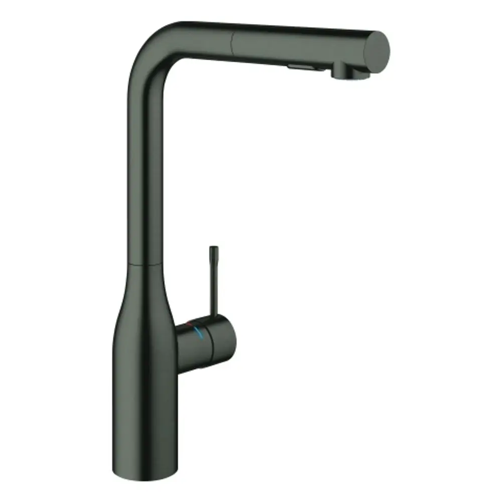 GROHE Küchenarmatur in mattschwarz mit hohem Auslauf und einem Hebel zur Regulierung der Wassertemperatur und -menge.