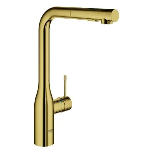 Grohe Spültischbatterie in Gold mit ausziehbarer Spülbrause. Schlankes Design mit einem Hebel zum Einstellen von Wasserfluss und Temperatur.
