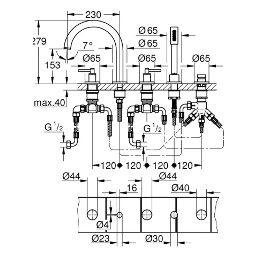 Schematische Darstellung einer Grohe 5-Loch-Wannen-Kombination mit Hebelgriff. Maße und Anschlussdetails sind deutlich gekennzeichnet. Design für Wasserinstallation.