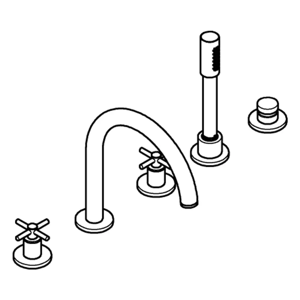 Grohe-Armatur bestehend aus einem gebogenen Wasserhahn mit zwei Kreuzzuggriffen und einem weiteren Hebel. Alle Teile sind im zentralen Design angeordnet.