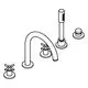 Grohe-Armatur bestehend aus einem gebogenen Wasserhahn mit zwei Kreuzzuggriffen und einem weiteren Hebel. Alle Teile sind im zentralen Design angeordnet.