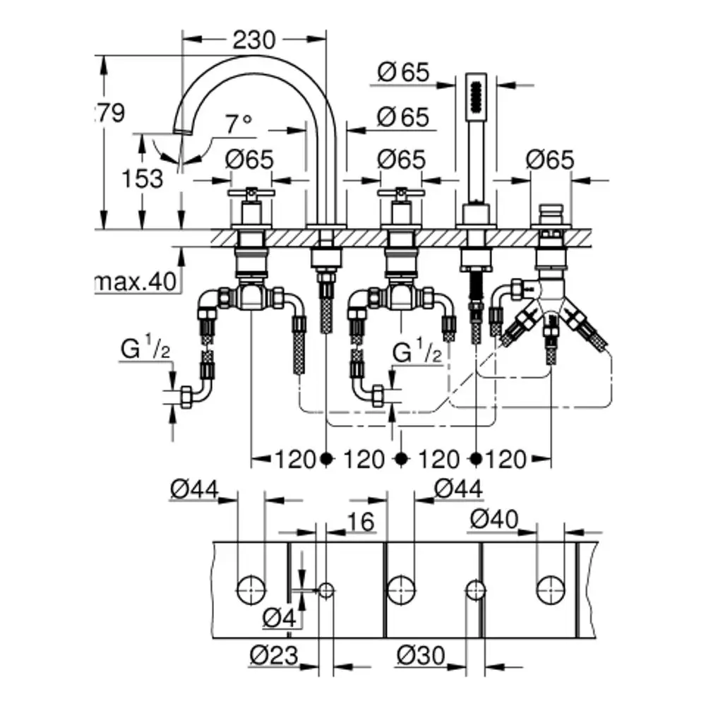 GROHE-Armatur mit fünf Anschlüssen, einschließlich Auslauf und zwei Bediengriffen, in einem schematischen Bauplan mit technischen Maßen und Anschlussdetails.