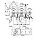 GROHE-Armatur mit fünf Anschlüssen, einschließlich Auslauf und zwei Bediengriffen, in einem schematischen Bauplan mit technischen Maßen und Anschlussdetails.