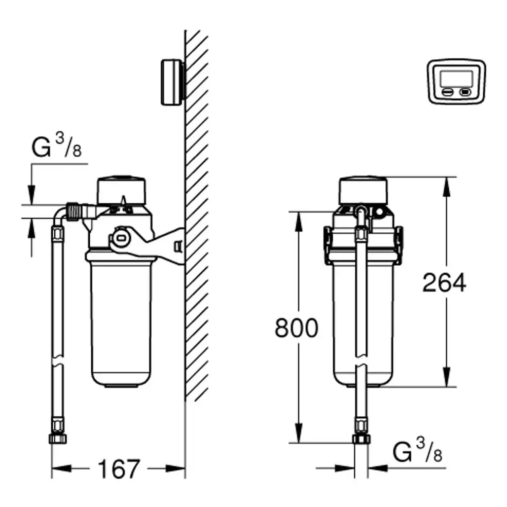 Technische Zeichnung eines Grohe-Filters mit Abmessungen, Anschluss G³/8, und Montageanleitung an einer Wand. Sichtbare Rohrverbindungen und Montagepunkte sind eingezeichnet.