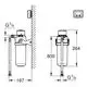Technische Zeichnung eines Grohe-Filters mit Abmessungen, Anschluss G³/8, und Montageanleitung an einer Wand. Sichtbare Rohrverbindungen und Montagepunkte sind eingezeichnet.