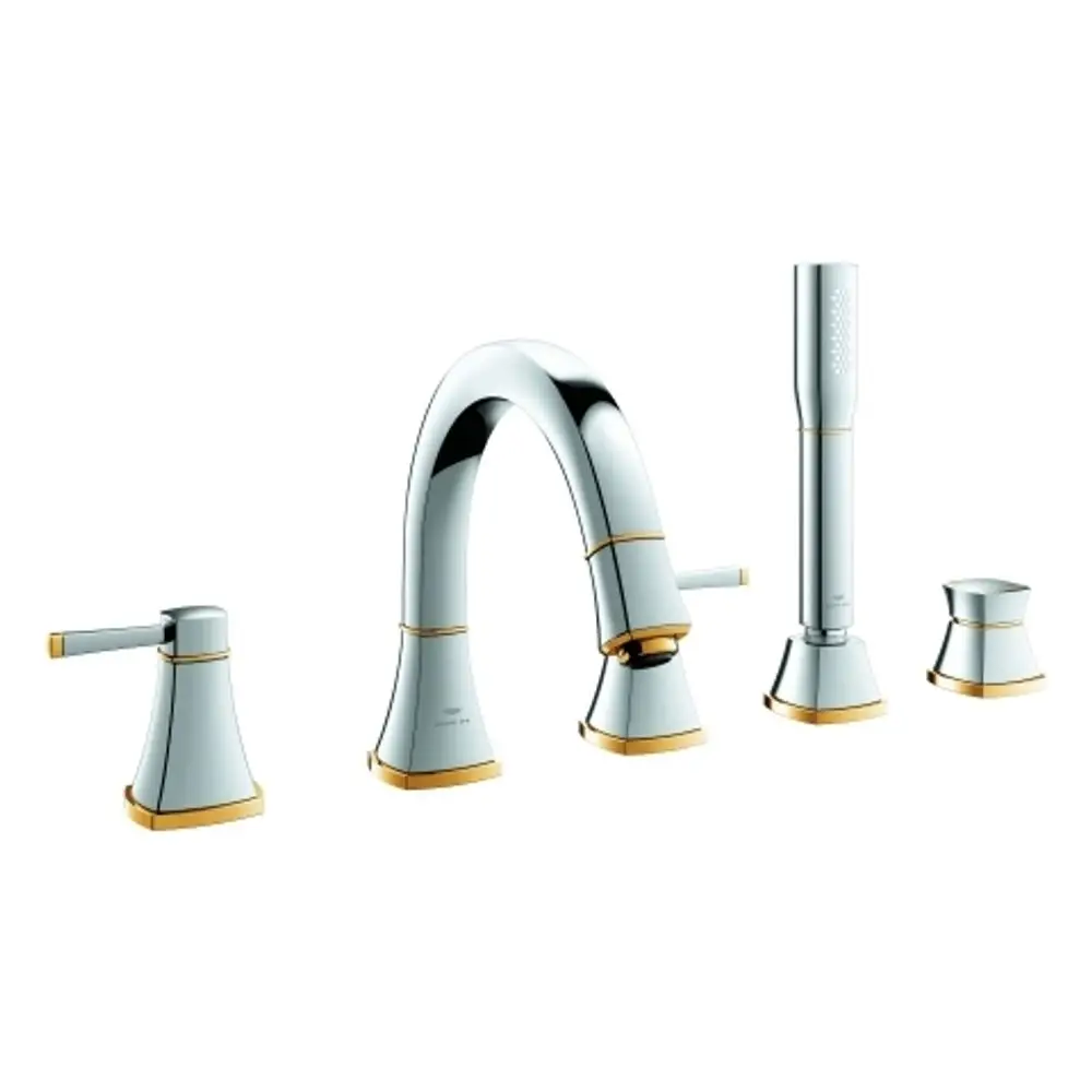 Grohe 5-Loch-Wannen-Kombination in chrom/gold. Set besteht aus einem Hauptwasserhahn, drei Bediengriffen und einem Handduschauslauf. Modernes Design mit elegantem Finish.