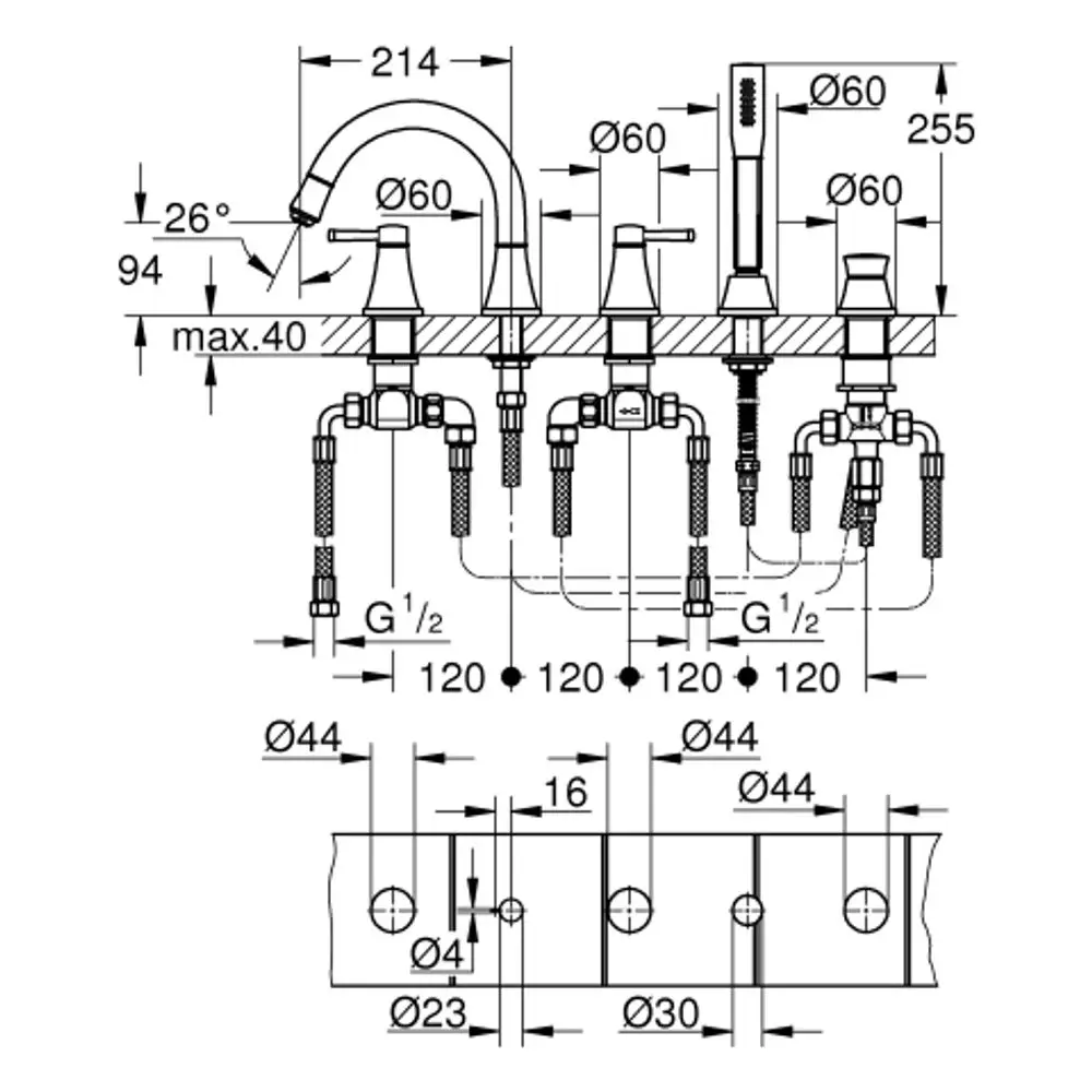 Schematische Darstellung einer Grohe 5-Loch-Wannen-Kombination mit klaren Abmessungen und Anschlüssen für Wasserzufuhr.
