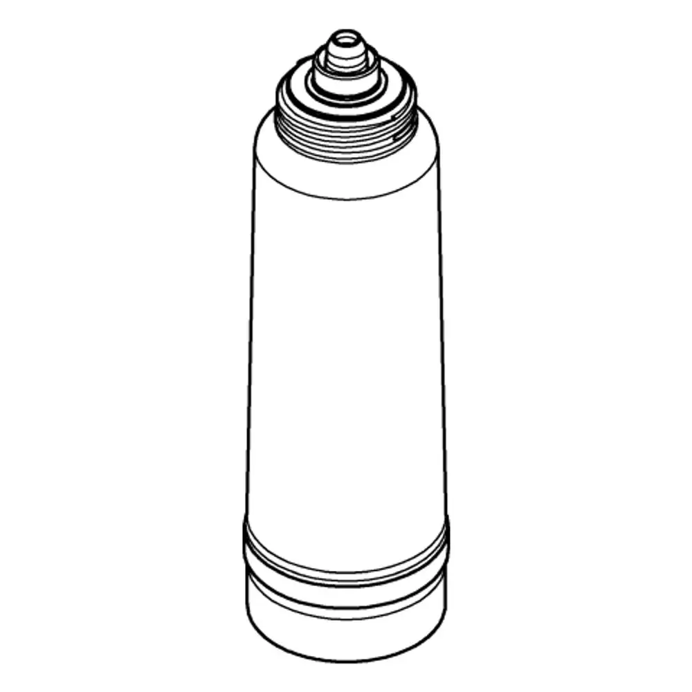 Weißer, zylindrischer Behälter mit Schraubverschluss und Ausgießer, möglicherweise ein Filterelement von Grohe.