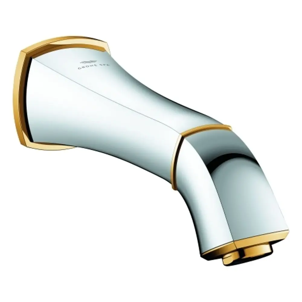 Wandmontierter Wasserhahn im chrom/goldenen Design mit schlanker, geschwungener Form. Hersteller ist Grohe.
