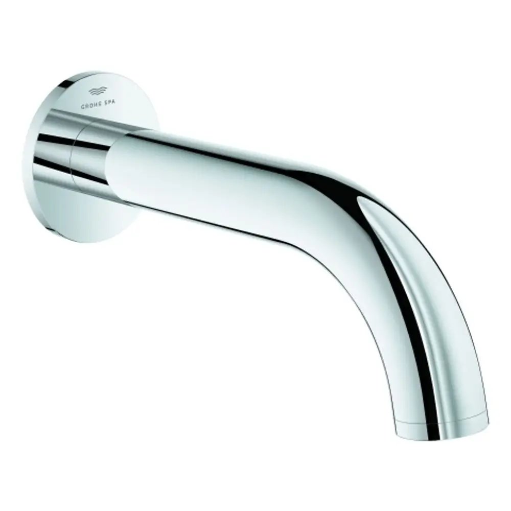 Wasserlauf aus glänzendem Chrom mit einer gebogenen Form, wandmontiert, hergestellt von Grohe.