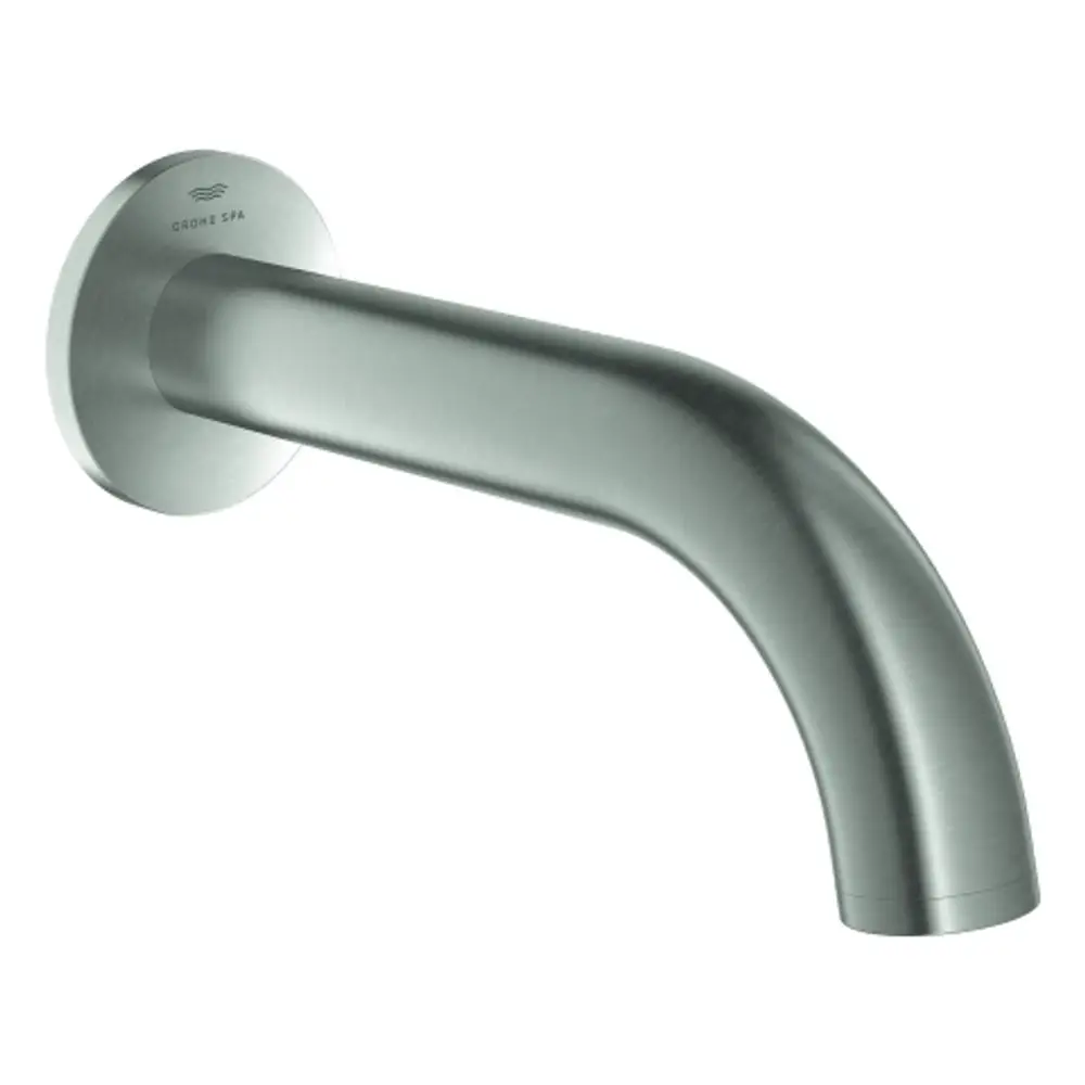 Wandmontierter Auslauf aus Edelstahl von Grohe mit abgerundetem Design, zur Installation in Badezimmern oder Wellnessbereichen geeignet.