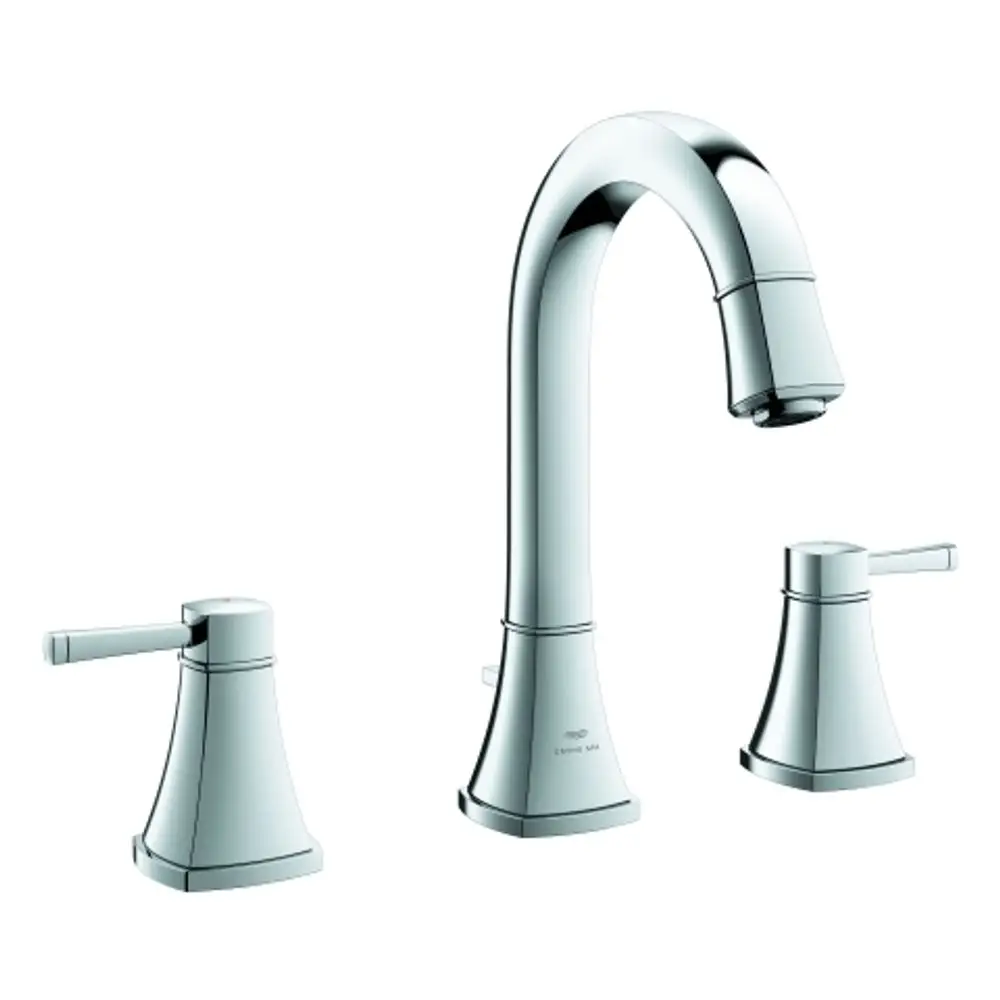 Grohe-Wasserhahn mit hohem Auslauf und zwei Bedienhebeln. Die Oberfläche ist aus glänzendem Chrom. Ideal für moderne Badezimmer.