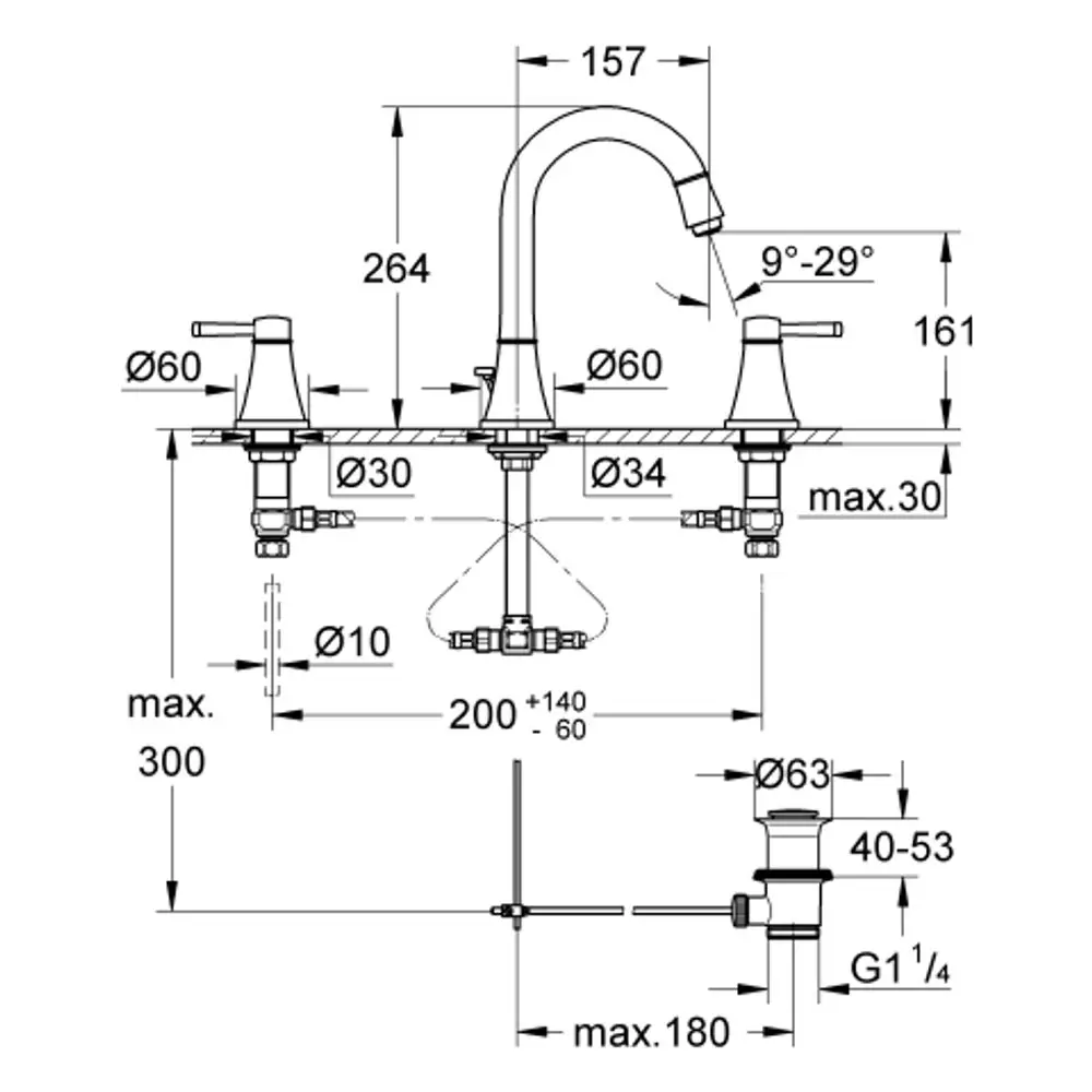 Grohe 3-Loch-Armatur mit hohem Auslauf, installiert in einer Arbeitsplatte. Abmessungen und Rohranschlüsse sind im technischen Schema deutlich dargestellt.