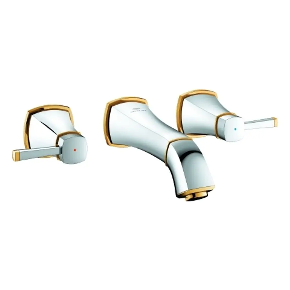 Wandmontierte Grohe-Batterie mit zwei Drehgriffen und einem Auslauf. Die Armatur hat eine glatte, glänzende Oberfläche in Chrom und Gold.