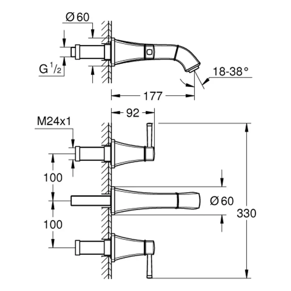 Grohe 3-Loch-Waschtischarmatur in Wandmontage. Das Bild zeigt eine schematische Darstellung mit Maßangaben. Enthält Details zu Anschluss und Auslaufhöhe.