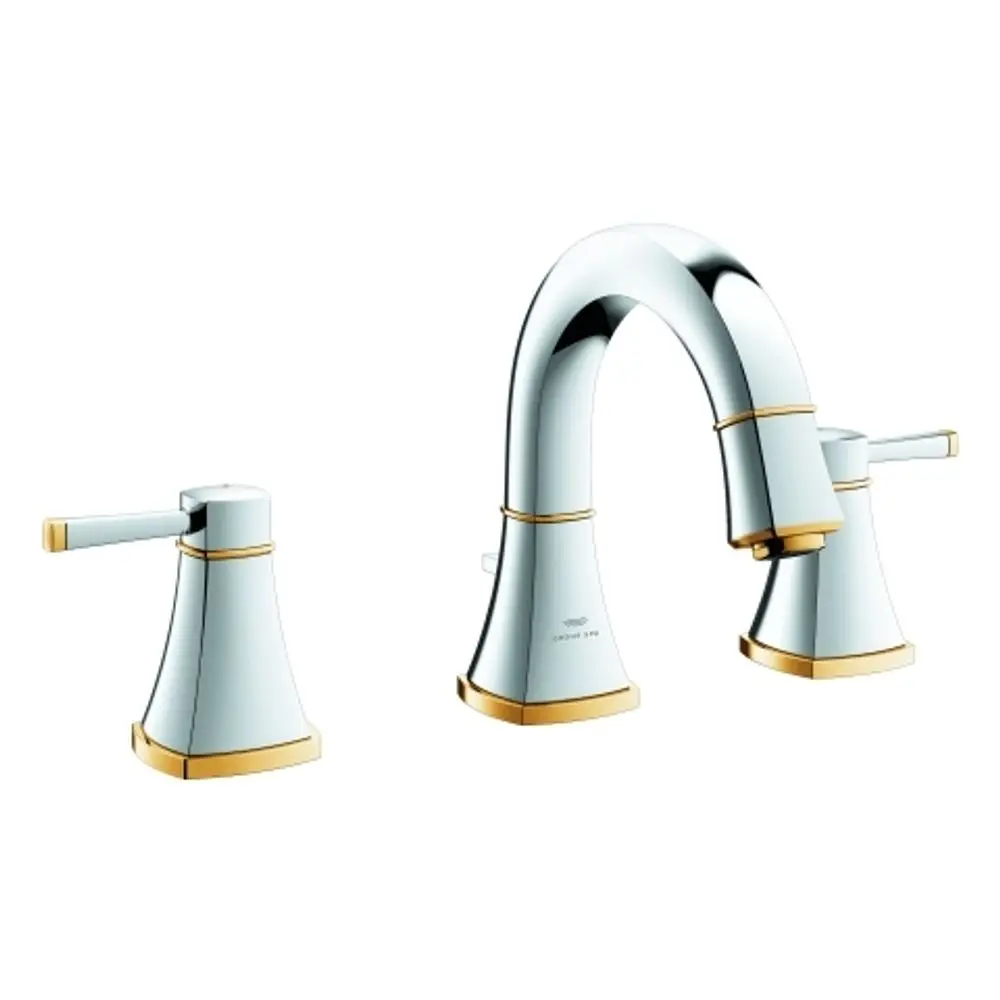 Wasserhahn-Set von Grohe mit drei Anschlüssen, flacher Auslauf, Chrom- und Goldfarben. Zwei separate Hebel zur Steuerung von Warm- und Kaltwasser.