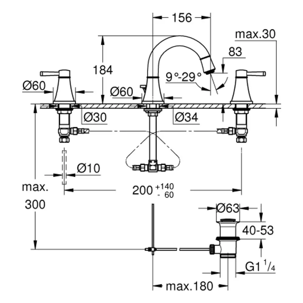 Küchenarmatur mit dreifacher Befestigung, zwei Griffe und hohem Auslauf. Edelstahl-Finish. Grohe-Design mit spezifischen Abmessungen für Installation.
