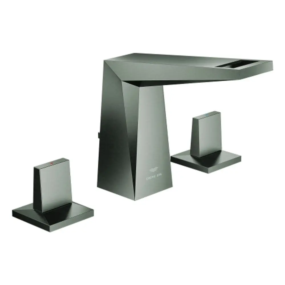 Grohe-Wasserhahn mit flachem Auslauf, bestehend aus einer zentralen Einheit und zwei seitlichen Bedienelementen, designorientierte Ausführung in hartem Graphit.