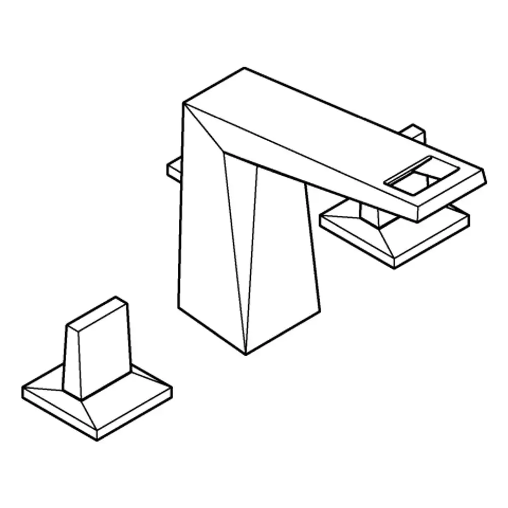 GROHE Wasserhahn mit flachem Auslauf und zwei Bedienelementen. Das Design zeigt klare Linien und eine moderne Formensprache in einer matten grauen Oberfläche.