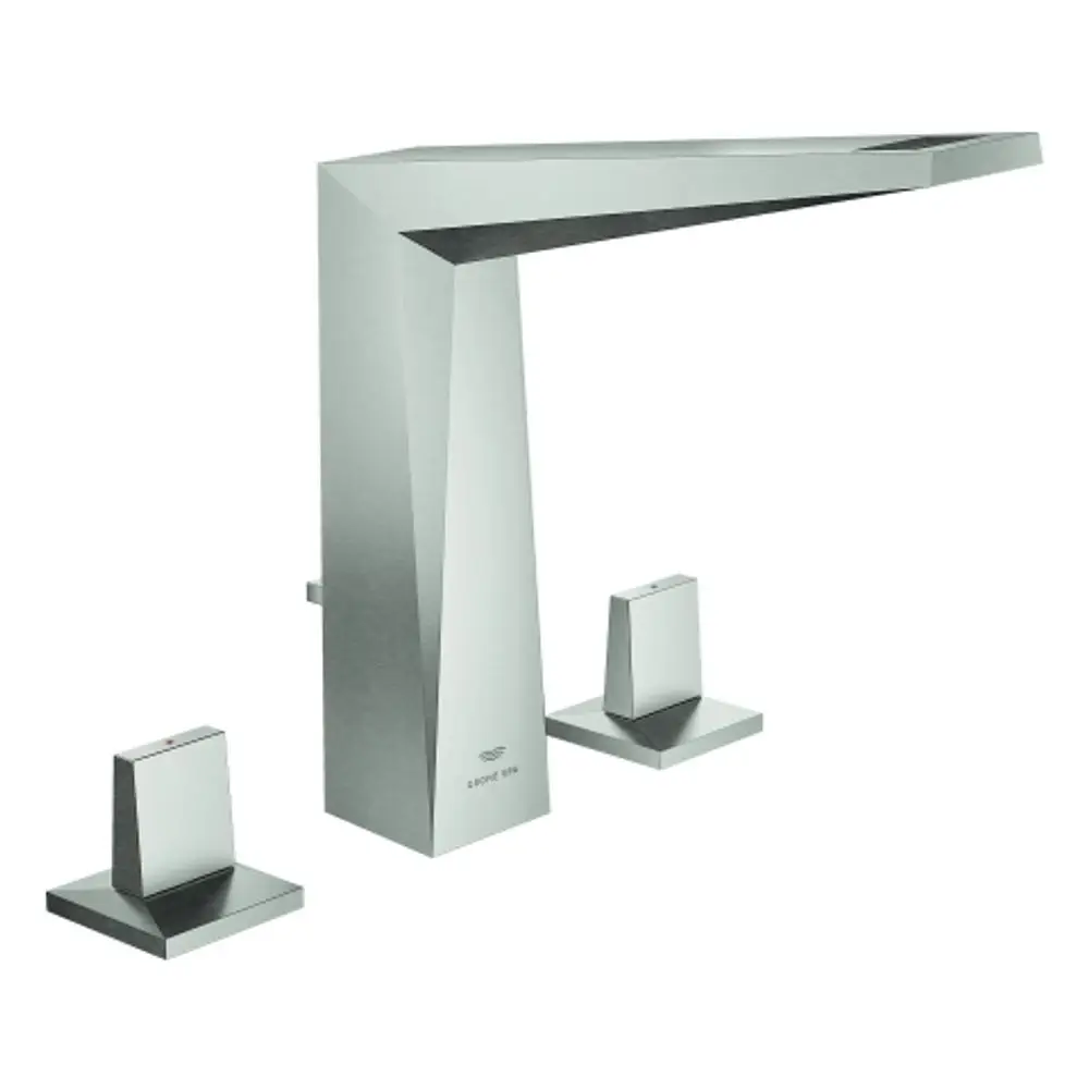 Grohe-Waschtischarmatur mit modernem Design und zwei zusätzliches Bedienhebel für Temperatur- und Wassermengeneinstellung in Supersteel-Oberfläche.