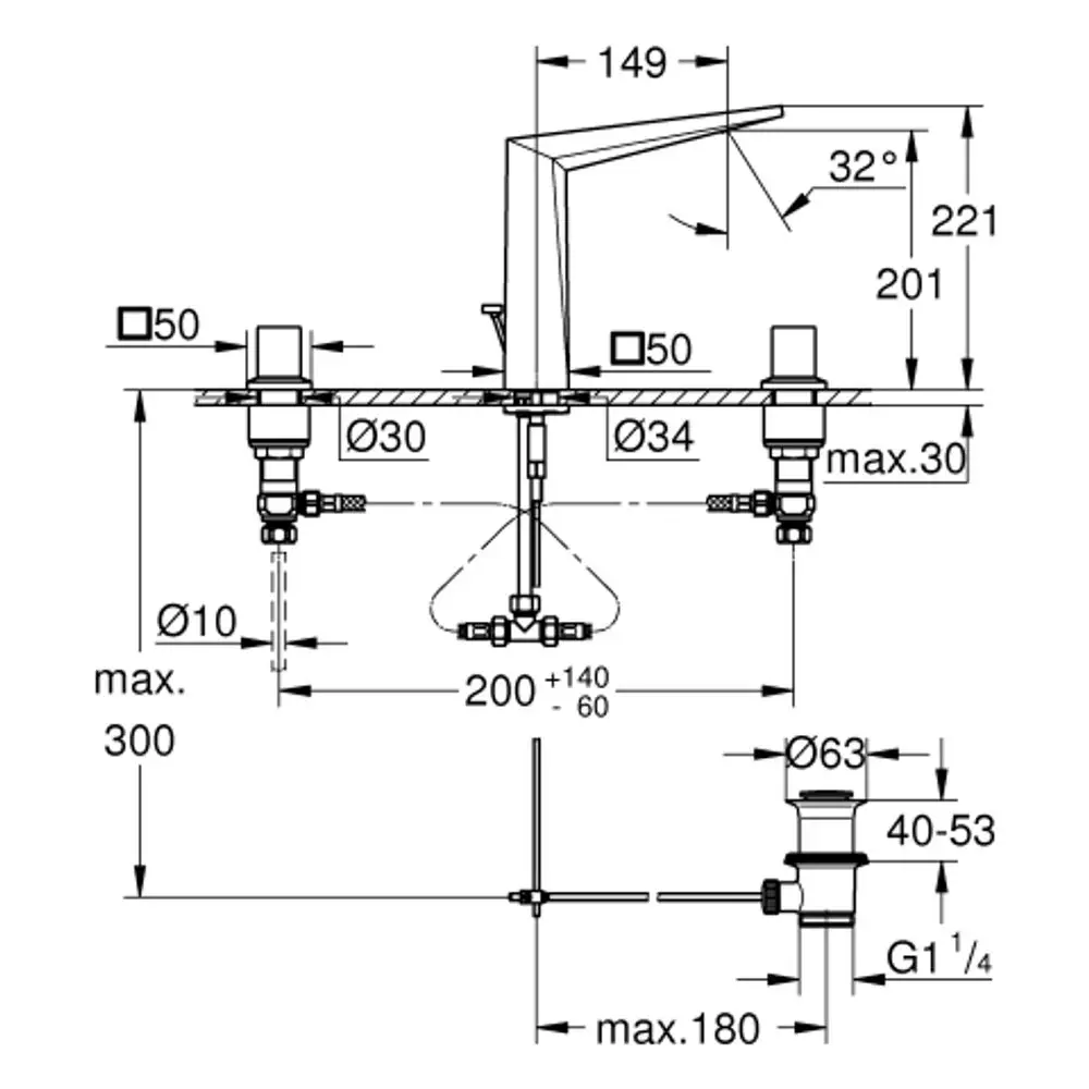 Grohe Armatur mit ausgezogenem Hebel und verschiedenen Anschlussmöglichkeiten, angezeigt in technischer Zeichnung mit Maße und Installationsdetails.