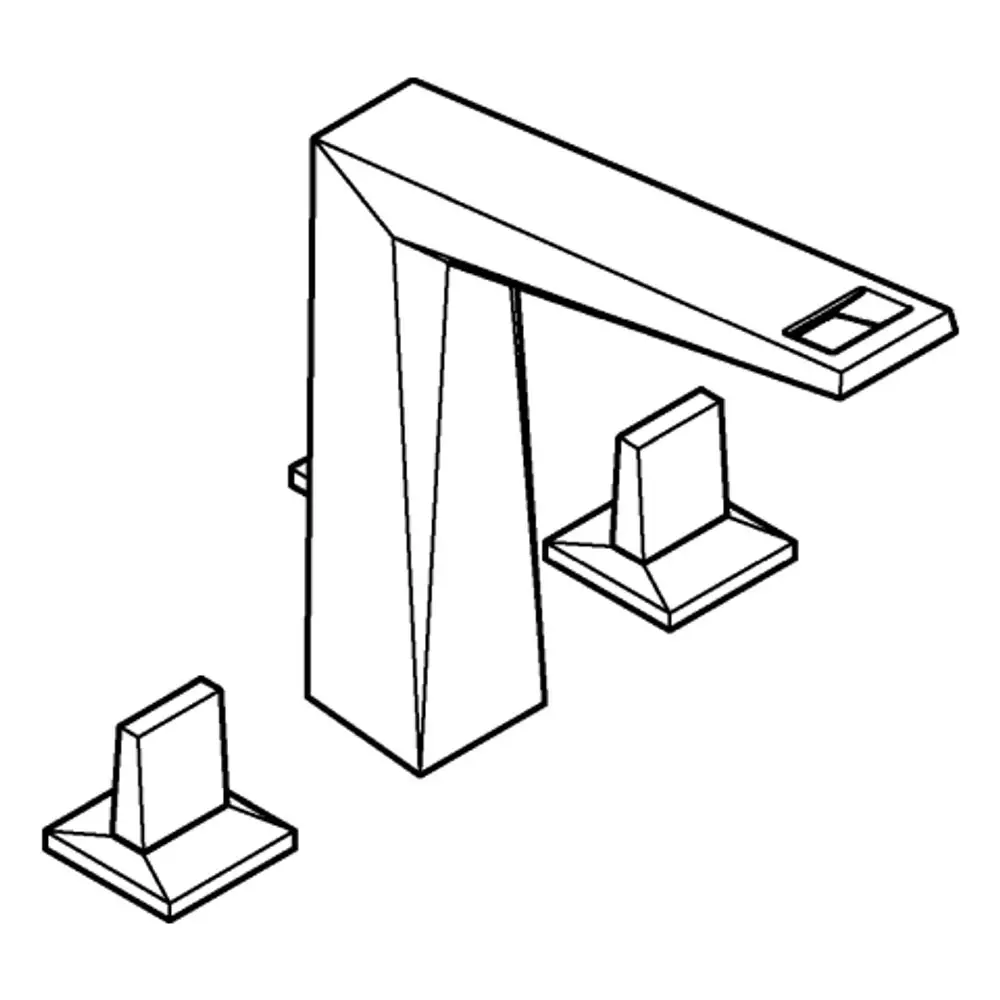 Grohe-Waschtischarmatur mit einem langen Auslauf und zwei seitlichen Bedienelementen, die auf einer quadratischen Basis montiert sind. Minimalistisches, geometrisches Design.