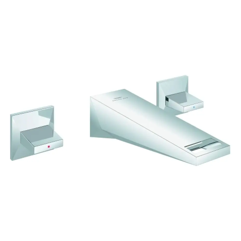 Grohe-Wandarmatur mit einer rechteckigen, flachen Auslaufform und zwei Bedienelementen, die in der Wand montiert sind. Chromoberfläche.