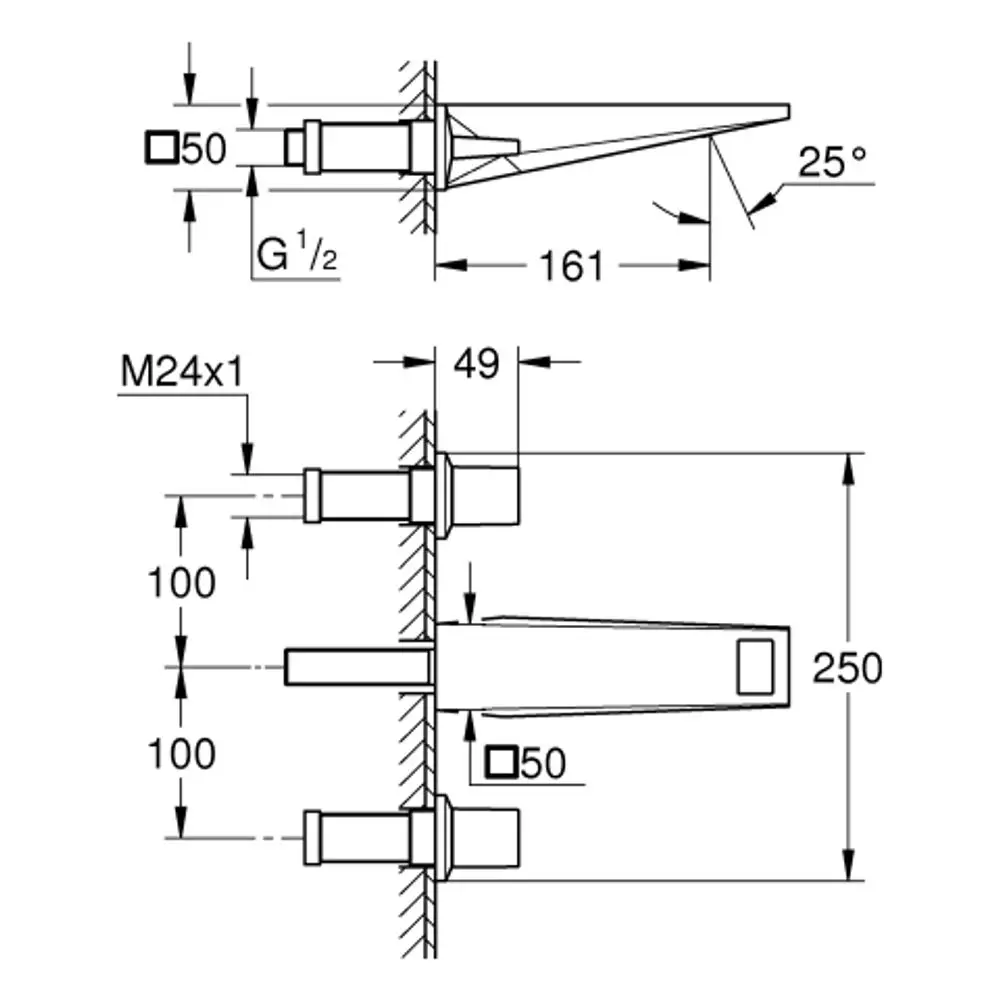 GROHE Wandbatterie mit einem Auslaufwinkel von 25° und einer Gesamtlänge von 250 mm. Montageelemente sind sichtbar auf einer geraden Oberfläche angeordnet.