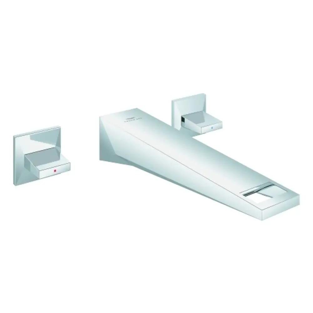 Wandmontierte Armatur von Grohe mit einem langen, geraden Auslauf und zwei Bedienelementen auf beiden Seiten. Ausführung in Chrom für modernes Badezimmerdesign.