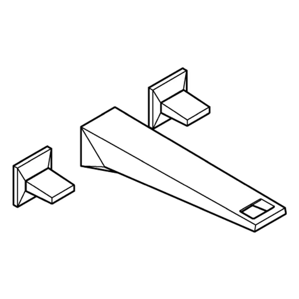 Wandmontierte Armatur von Grohe mit einer langen, schrägen Auslaufarmatur und zwei seitlichen Griffen. Das Design ist minimalistisch und kantig.