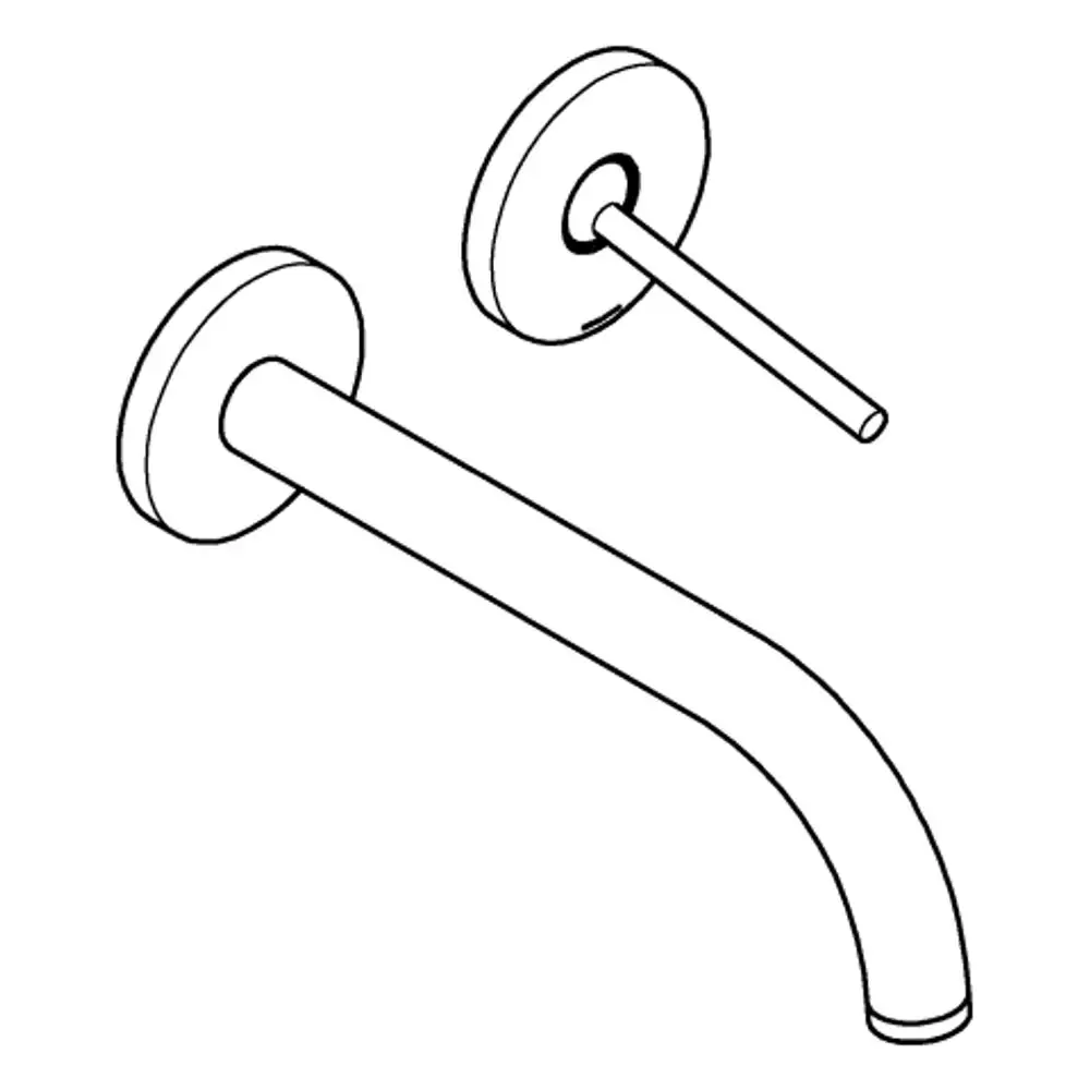 Wandbatterie von Grohe mit zwei Anschlüssen und gebogenem Auslauf, montiert an einer Wand. Design in simplem, funktionalem Stil.