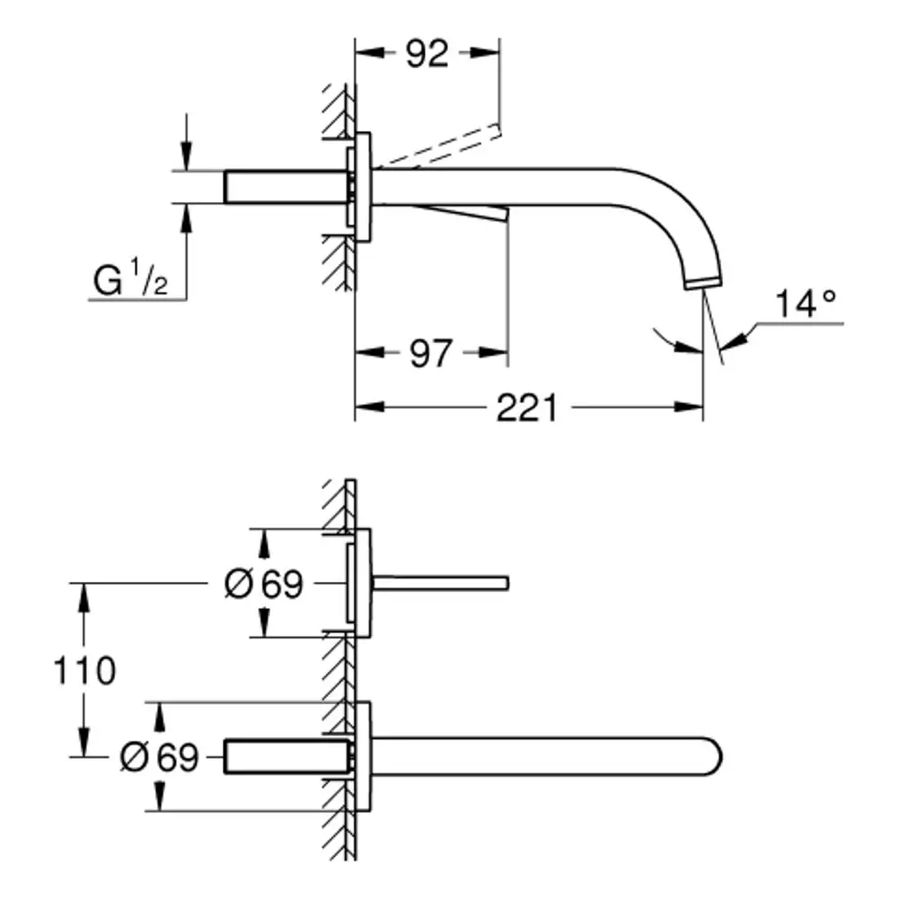 Grohe Wandbatterie mit Auslauf. Zeichnung zeigt die Maße, Rohranschlüsse und Winkel der Armatur. Übersichtliche Detailzeichnung ohne werbliche Zusätze.
