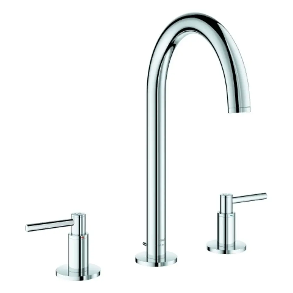 Ein Grohe-Wasserhahn mit einem hohen, gebogenen Auslauf und zwei seitlichen Hebelgriffen zur Steuerung von Wasserfluss und -temperatur.