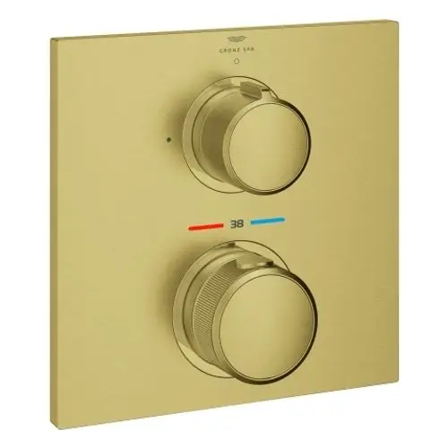 Goldfarbener Thermostat mit zwei drehbaren Reglern und Temperaturanzeige in Rot und Blau, ideal für Badezimmer.