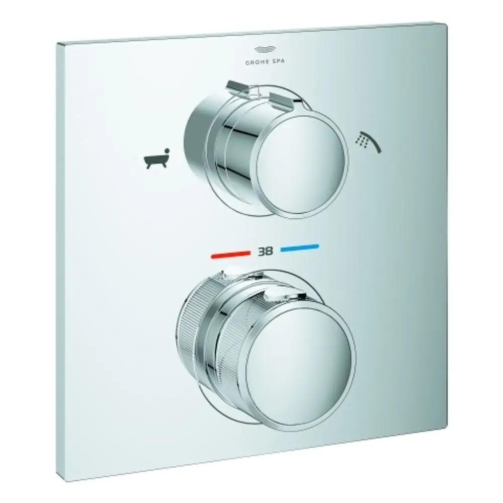 Thermostatbatterie in Chrom mit zwei Drehknöpfen für Temperatur- und Wasserflussregelung, Marke Grohe. Anzeigeskala in Rot und Blau für Temperatur.