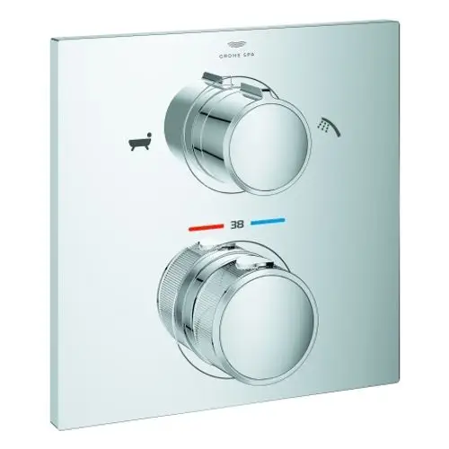 Thermostatbatterie in Chrom mit zwei Drehknöpfen für Temperatur- und Wasserflussregelung, Marke Grohe. Anzeigeskala in Rot und Blau für Temperatur.