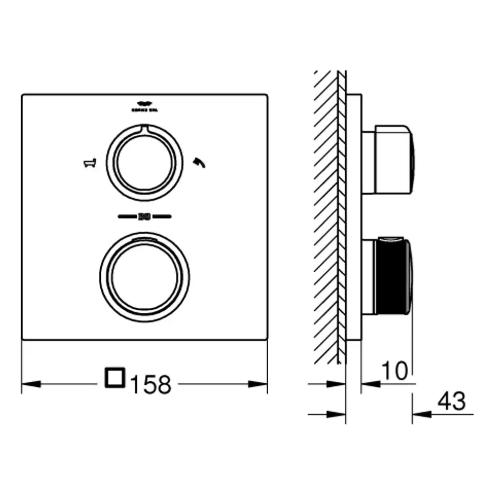 GROHE Thermostatbatterie mit zwei Bedienelementen in einem rechteckigen Gehäuse. Darstellung der Vorder- und Seitenansicht mit Maßangaben.