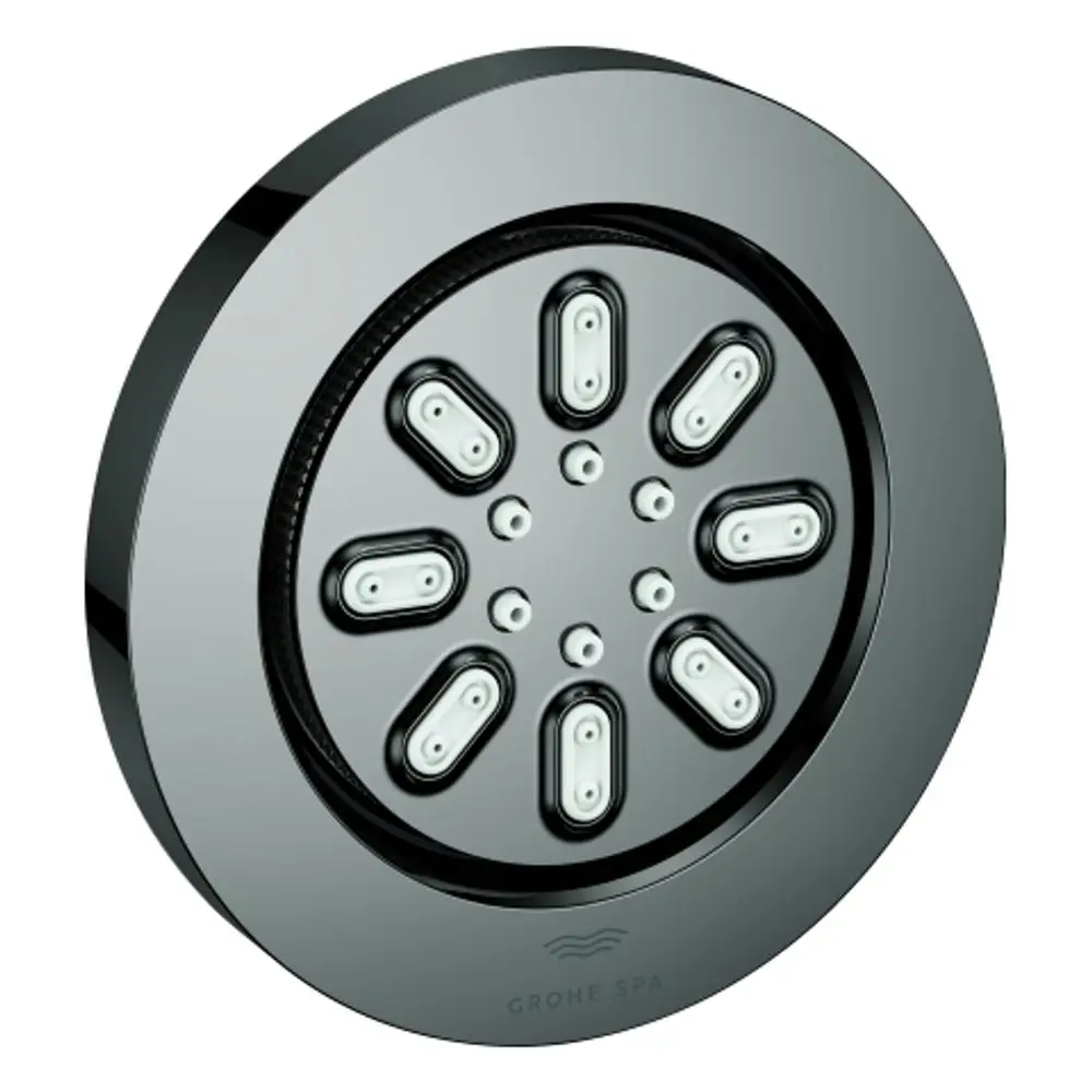 Runde Duschelement von Grohe in hard graphite mit mehreren Wasserstrahlöffnungen, integriert in eine glatte Oberfläche.