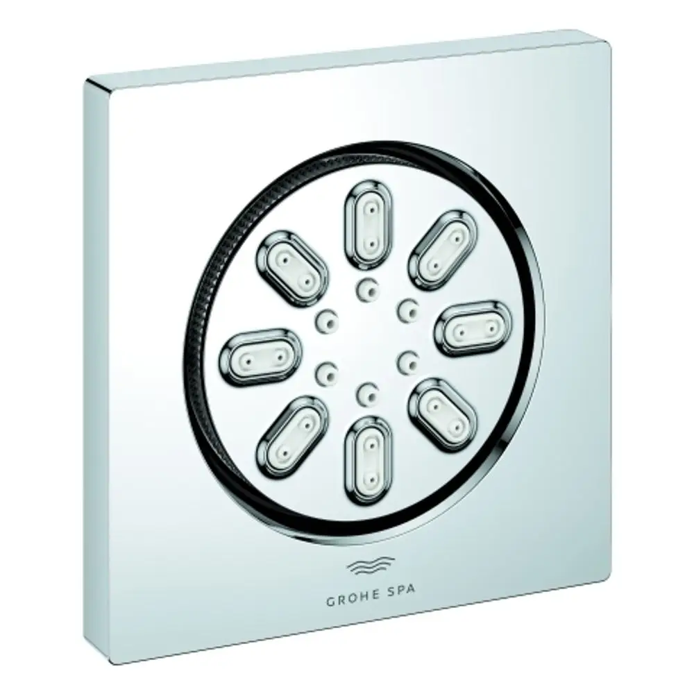 Deckenelement mit acht runden Düsen, rahmenlos in chrom, für eine moderne Duschinstallation, hergestellt von Grohe.