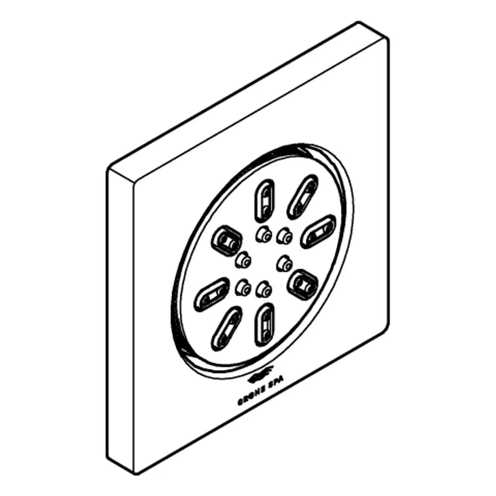 Wandmontierte Duschbrause von Grohe in quadratischer Form mit runder Duschplatte und mehreren Düsen für gleichmäßigen Wasserfluss.