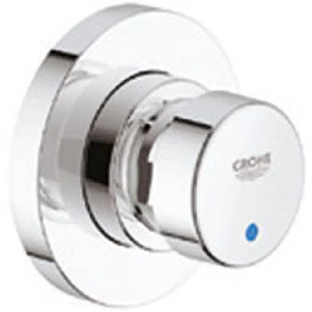 Wandmontiertes chromfarbenes Ventil von Grohe mit Drehknopf zur Regulierung des Durchflusses. Schmuckloses Design ohne sichtbare technische Details.