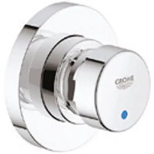 Wandmontiertes chromfarbenes Ventil von Grohe mit Drehknopf zur Regulierung des Durchflusses. Schmuckloses Design ohne sichtbare technische Details.