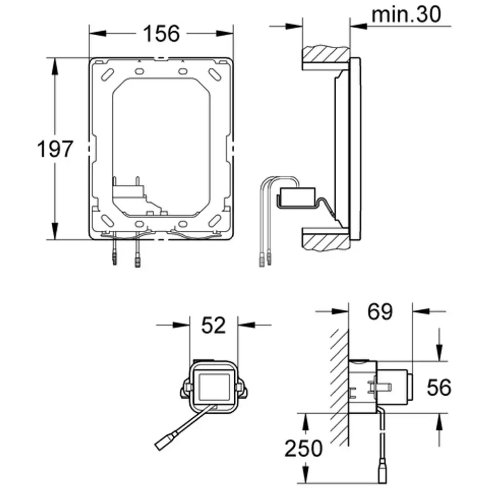 Diagramm mit technischen Zeichnungen für ein Grohe Produkt, einschließlich Maßangaben und Anschlüssen, zeigt die Montage- und Installationsdetails.