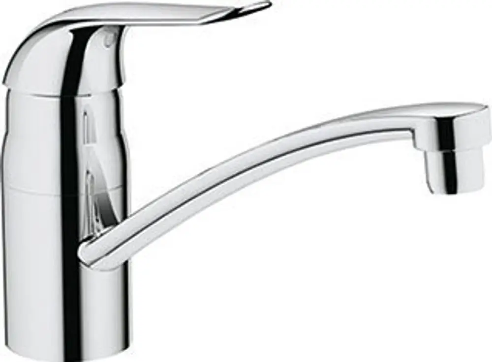 Chrome-finish Grohe Armatur mit einem geschwungenen Auslauf und einem Hebel zur Temperaturregelung.